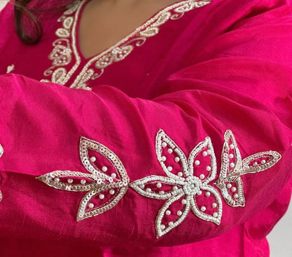 Beautiful Embroidered Rani Dola Silk Kurta Set with Dupatta