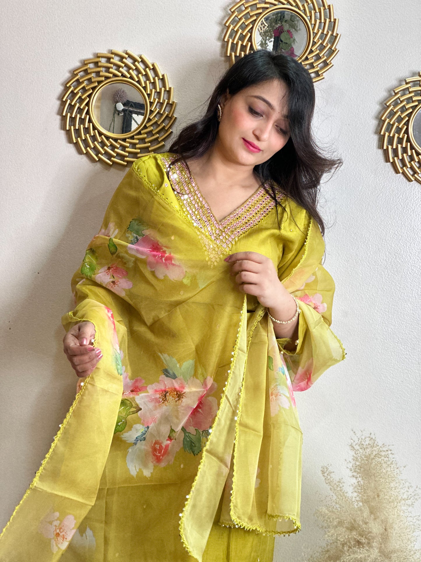 Silk Kurta Set with Floral Organza Dupatta