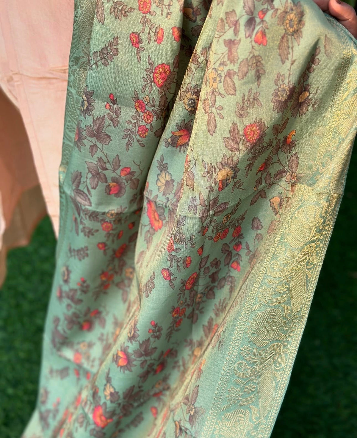 Vibrant floral embroidery with a coordinating floral dupatta.