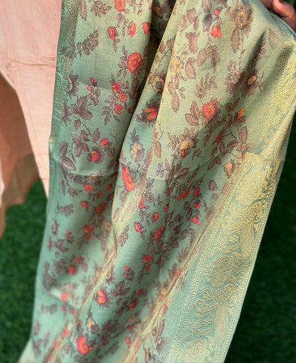 Vibrant floral embroidery with a coordinating floral dupatta.