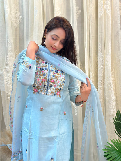 Ribbon Embroidered Kurta Set With Hand Painted Dupatta