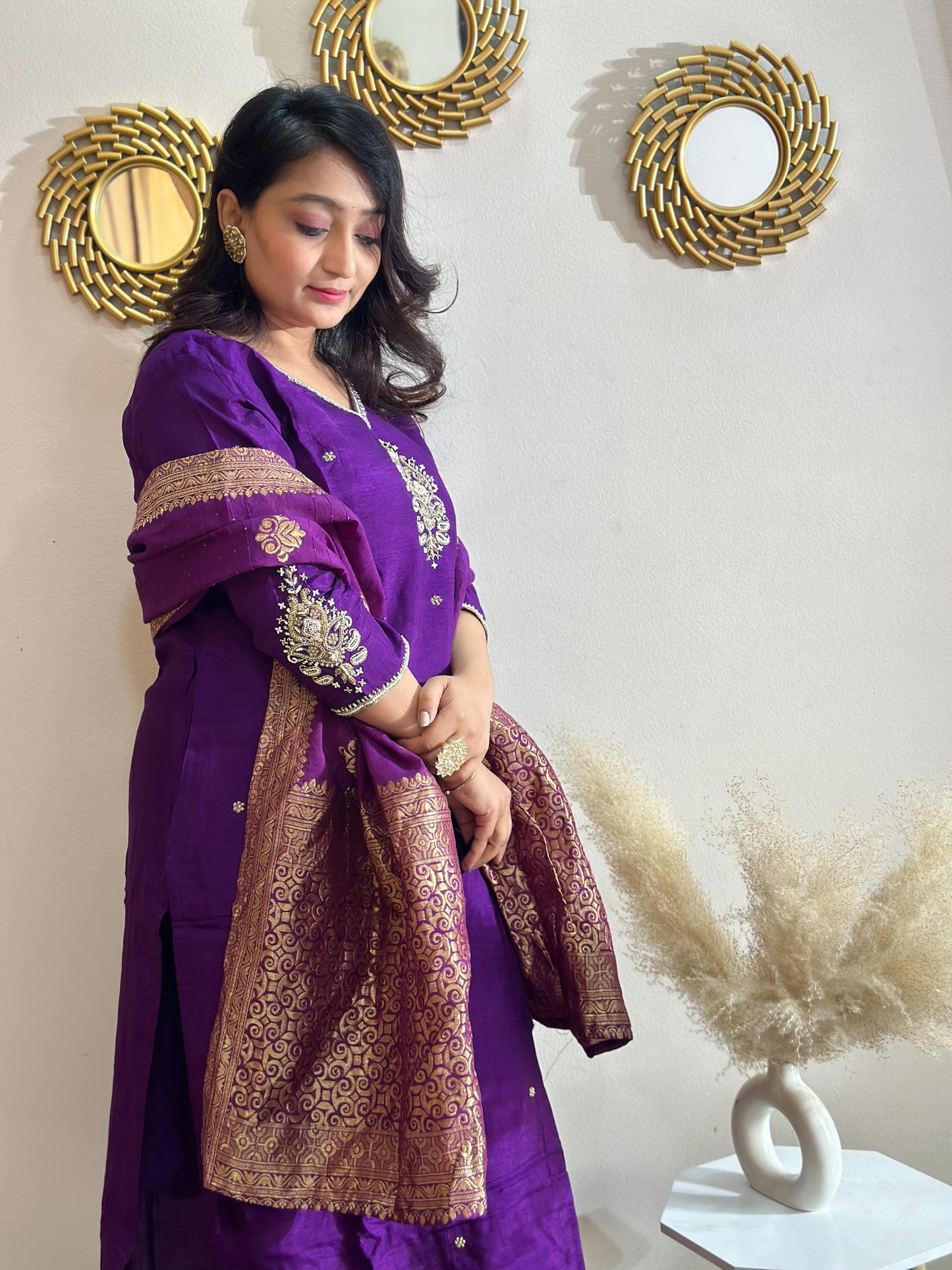 Purple Heavy Embroidered Yoke & Sleeves Silk Kurta Set