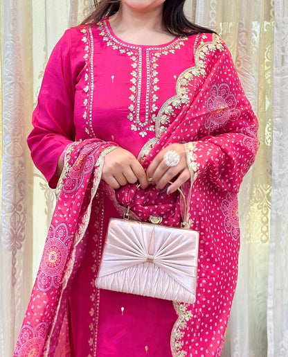 Gota Patti embroidered kurta set in vibrant pink with scalloped Dupatta 