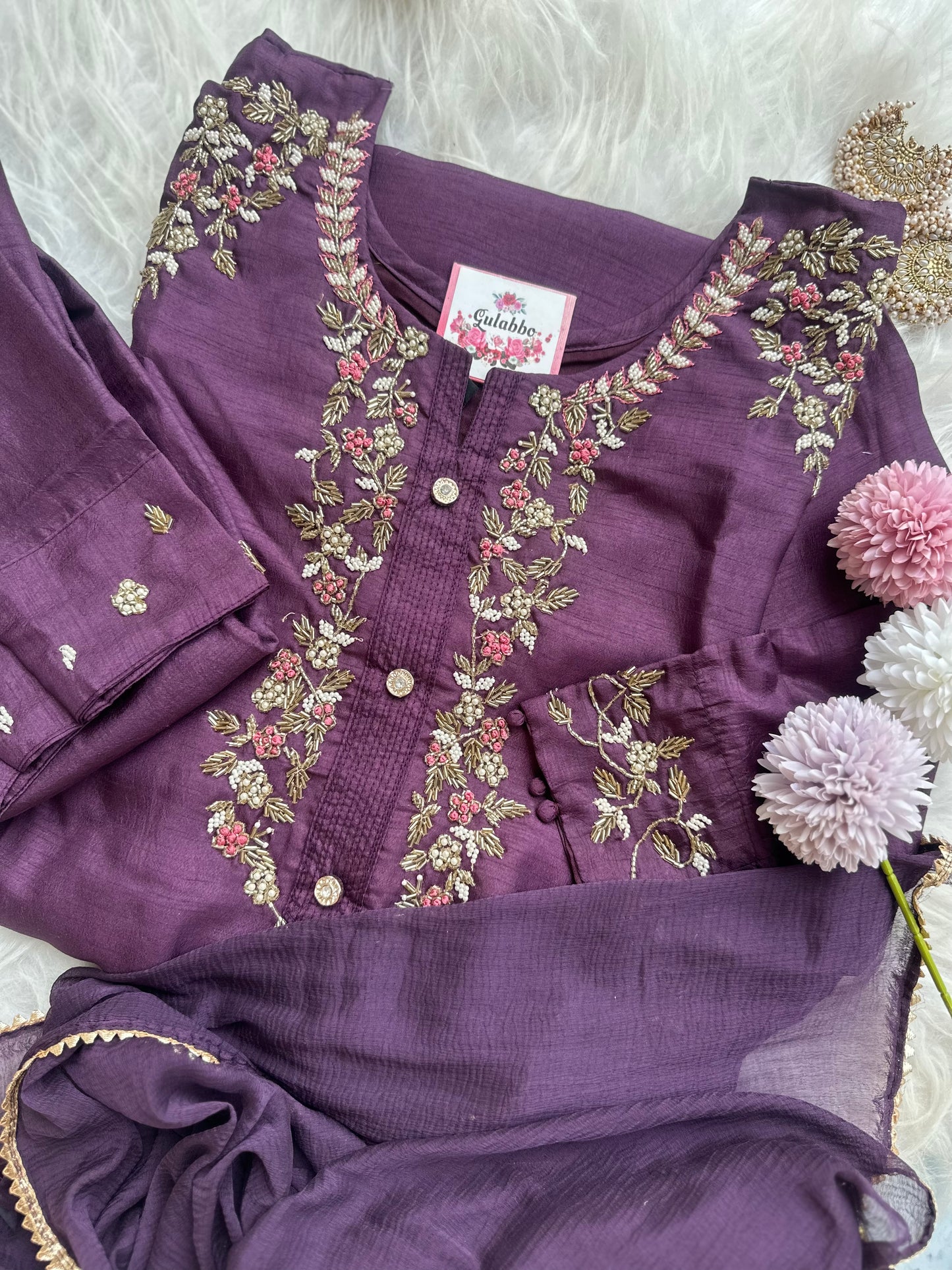 Handwork Purple Embroidered Silk Set