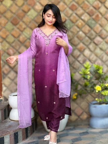 Ombré Pure Dola Silk Embroidered Kurta Set