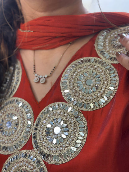 Rust colour festive kurti set with real mirror work