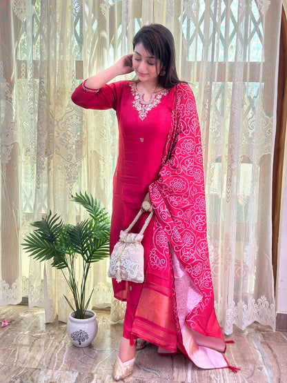 Dola Silk Embroidered Kurta Set with Bandhani Dupatta