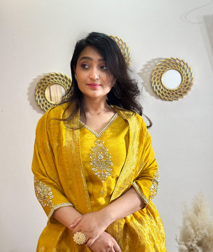 Yellow Heavy Embroidered Yoke & Sleeves Silk Kurta Set