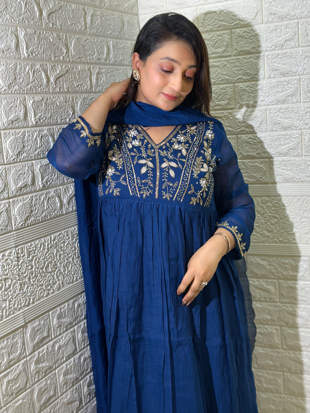 Embroidered Mul Chanderi Aline Kurta Set With Dupatta