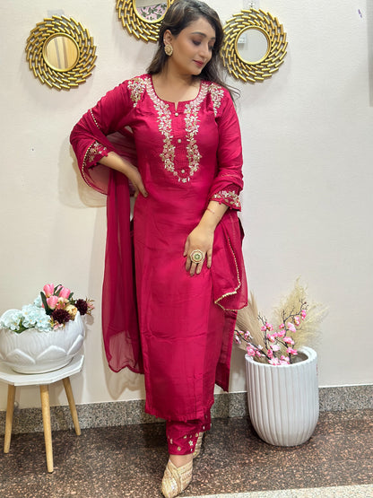 Handwork red embroidered kurti set