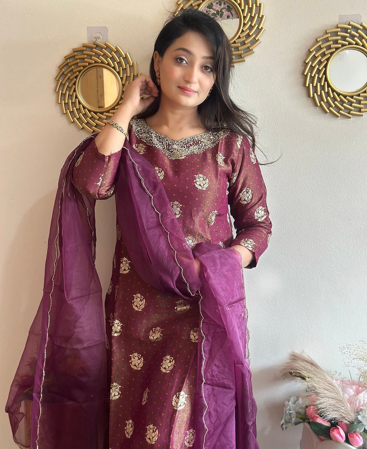 Jacquard Hand Embroidered Tissue Silk Kurta Set With organza Dupatta (wine colour)