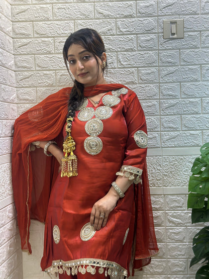 Rust colour festive kurti set with real mirror work