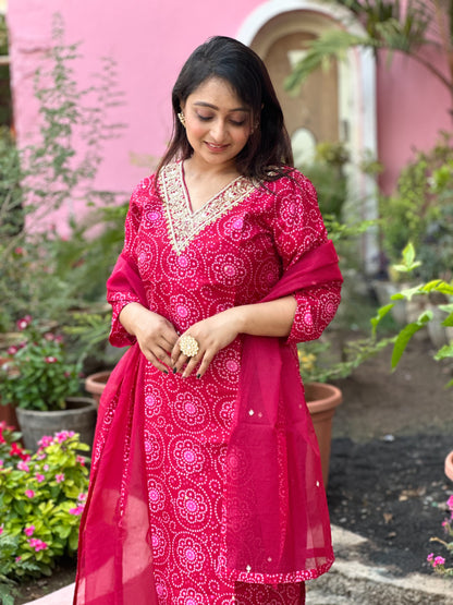 Pink Embroidered Dola Silk Bandhej Kurti