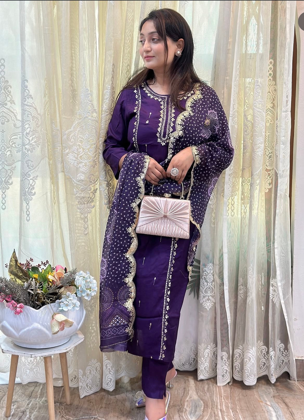 Gota Patti embroidered kurta set in vibrant purple with scalloped Dupatta 