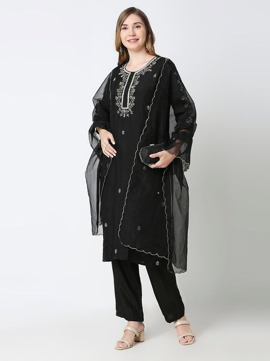 Black Embroidered Kurti With Organza Dupatta