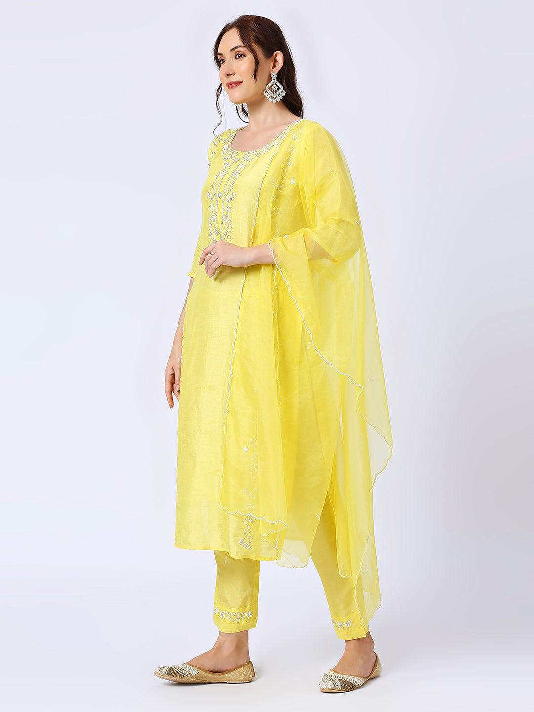 Yellow embroidered silk set