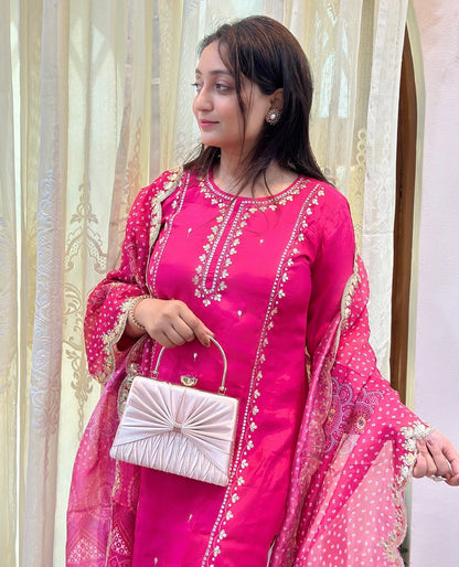 Gota Patti embroidered kurta set in vibrant pink with scalloped Dupatta 