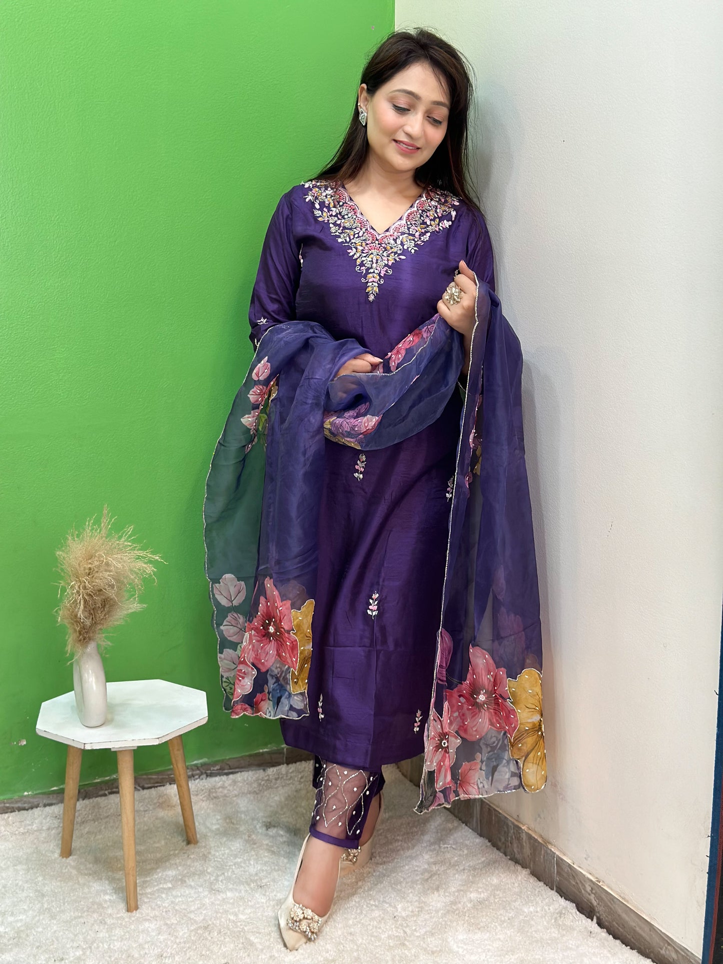 Purple Embroidered Kurta Set With Organza Dupatta