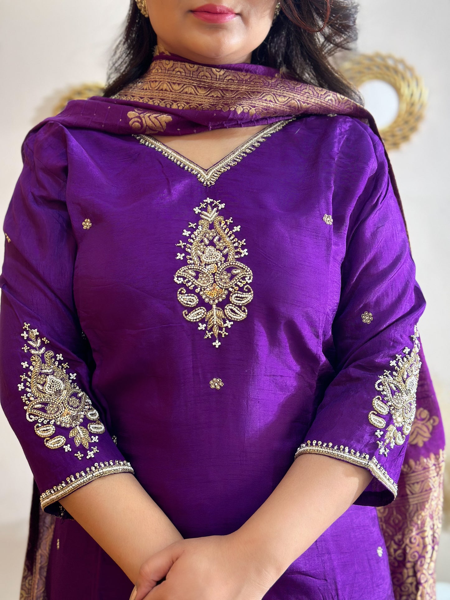 Purple Heavy Embroidered Yoke & Sleeves Silk Kurta Set