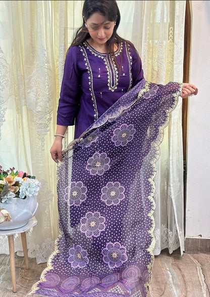 Gota Patti embroidered kurta set in vibrant purple with scalloped Dupatta 