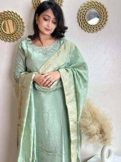 Pista Green Embroidered Silk Set With Banarasi Dupatta