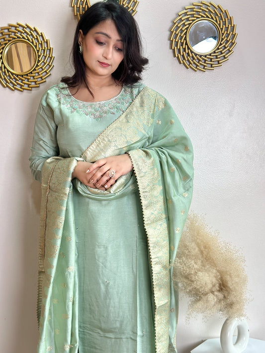 Pista Green Embroidered Silk Set With Banarasi Dupatta