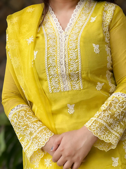 Yellow Organza Embroidered Suit Set