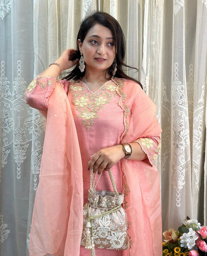 Peachy Pink Beautiful Dola silk kurta, adorned with elegant ribbon embroidery