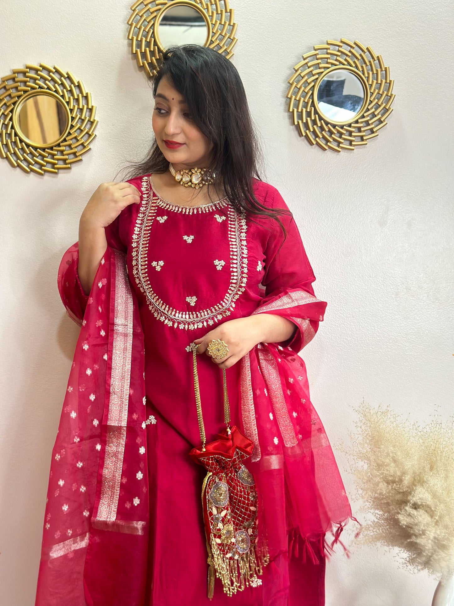 Festive Red Embroidered Silk Set