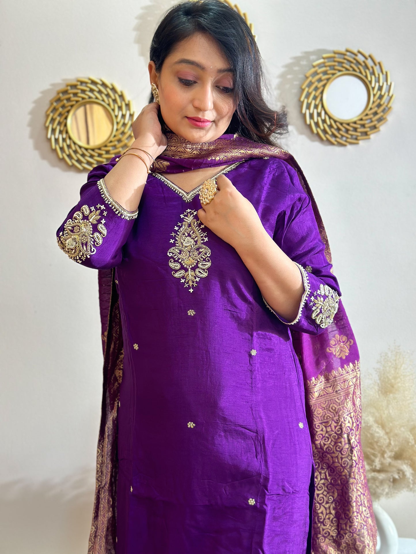 Purple Heavy Embroidered Yoke & Sleeves Silk Kurta Set