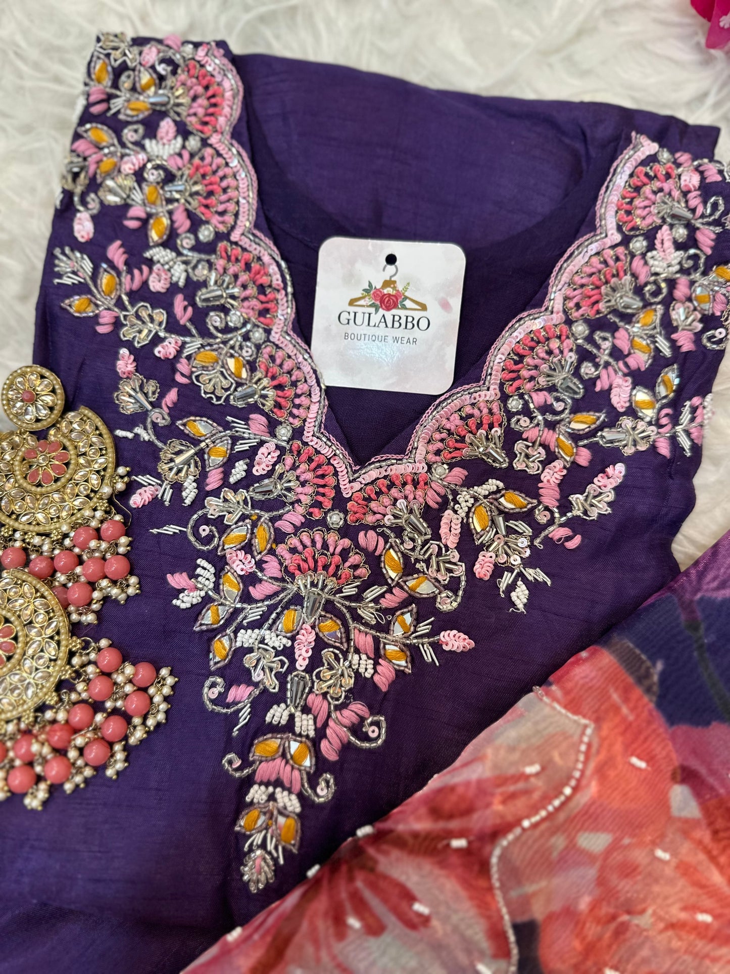 Purple Embroidered Kurta Set With Organza Dupatta