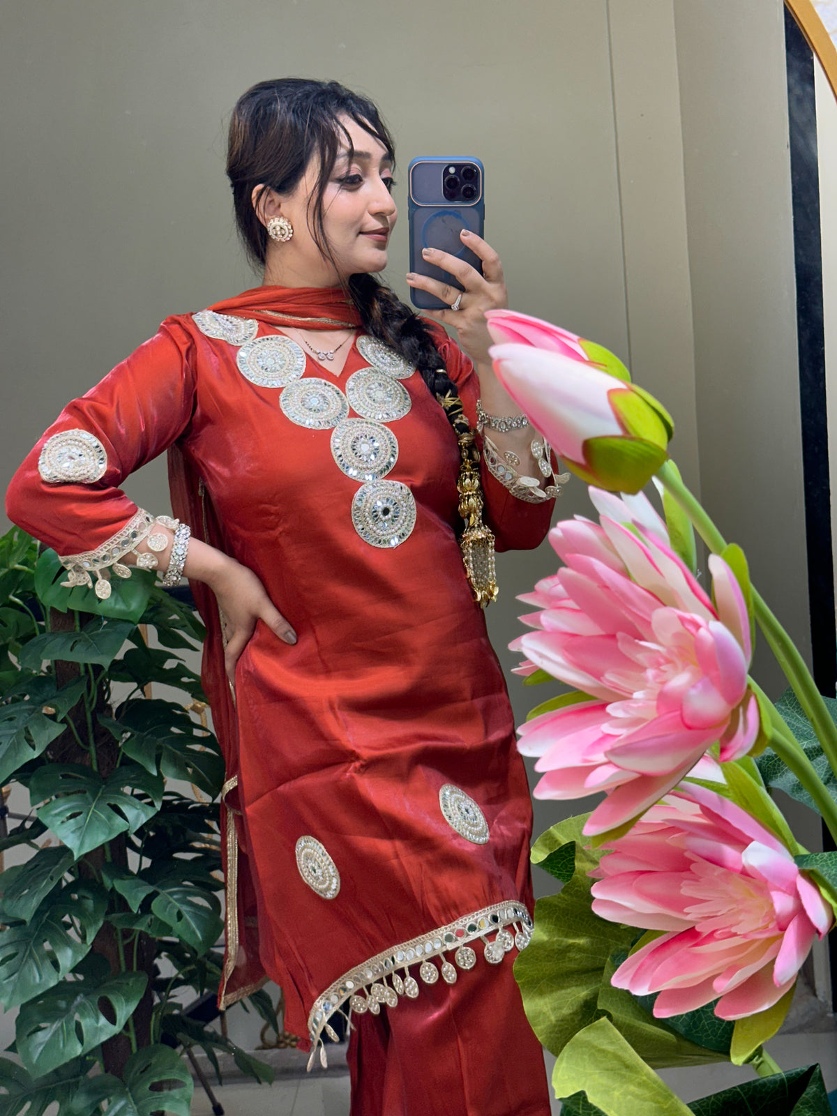 Real Mirror Work Rust Colour Kurta Set