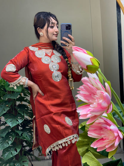 Real Mirror Work Rust Colour Kurta Set