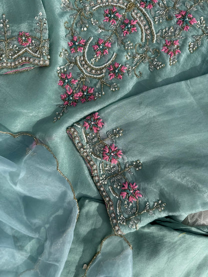 Sea Green Tissue Silk Embroidered Kurta Set