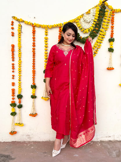 Silk Hand Embroidered Dress with banarasi dupatta