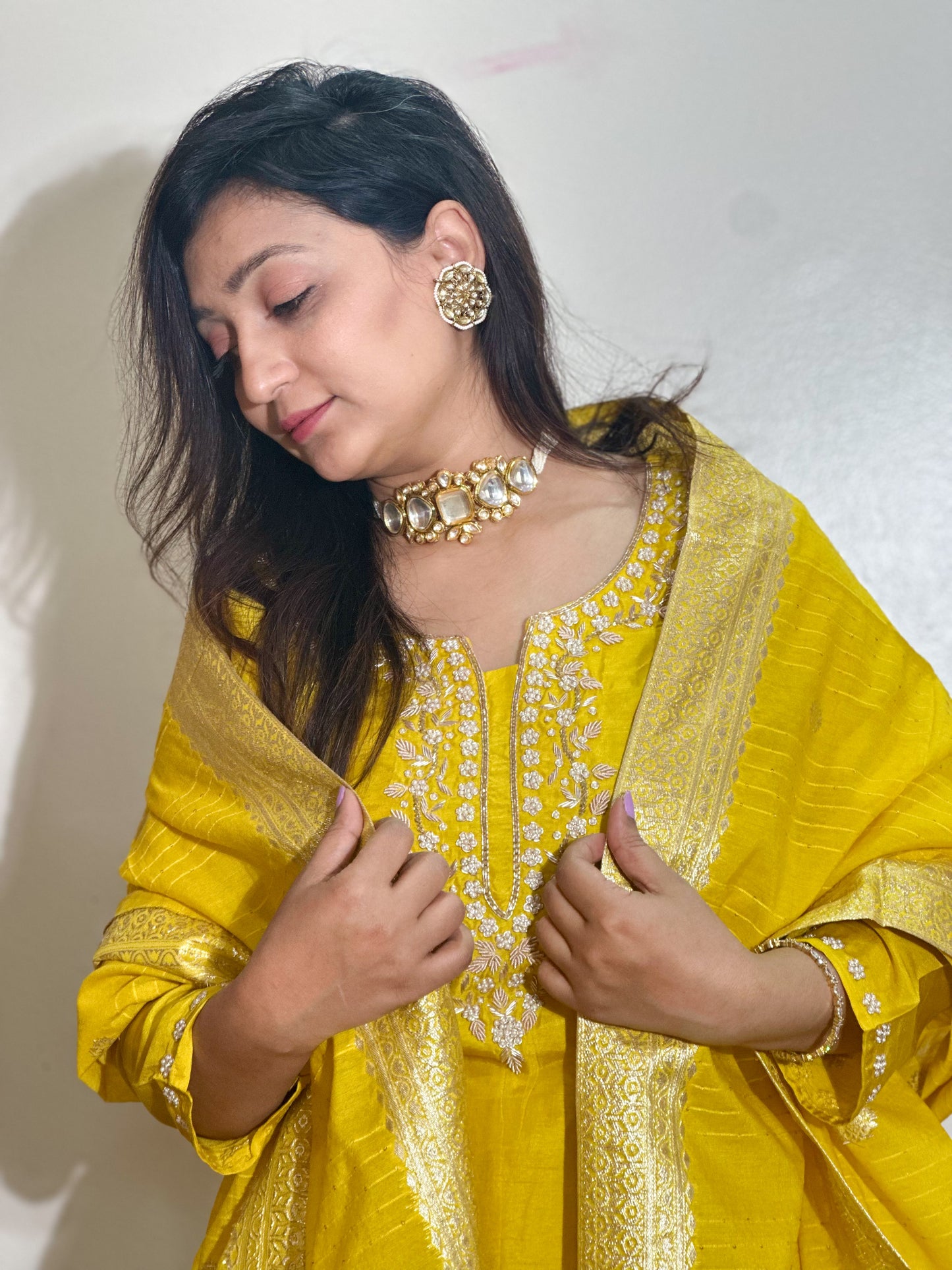 Yellow Dola Silk Kurta Set With Banarasi Dupatta