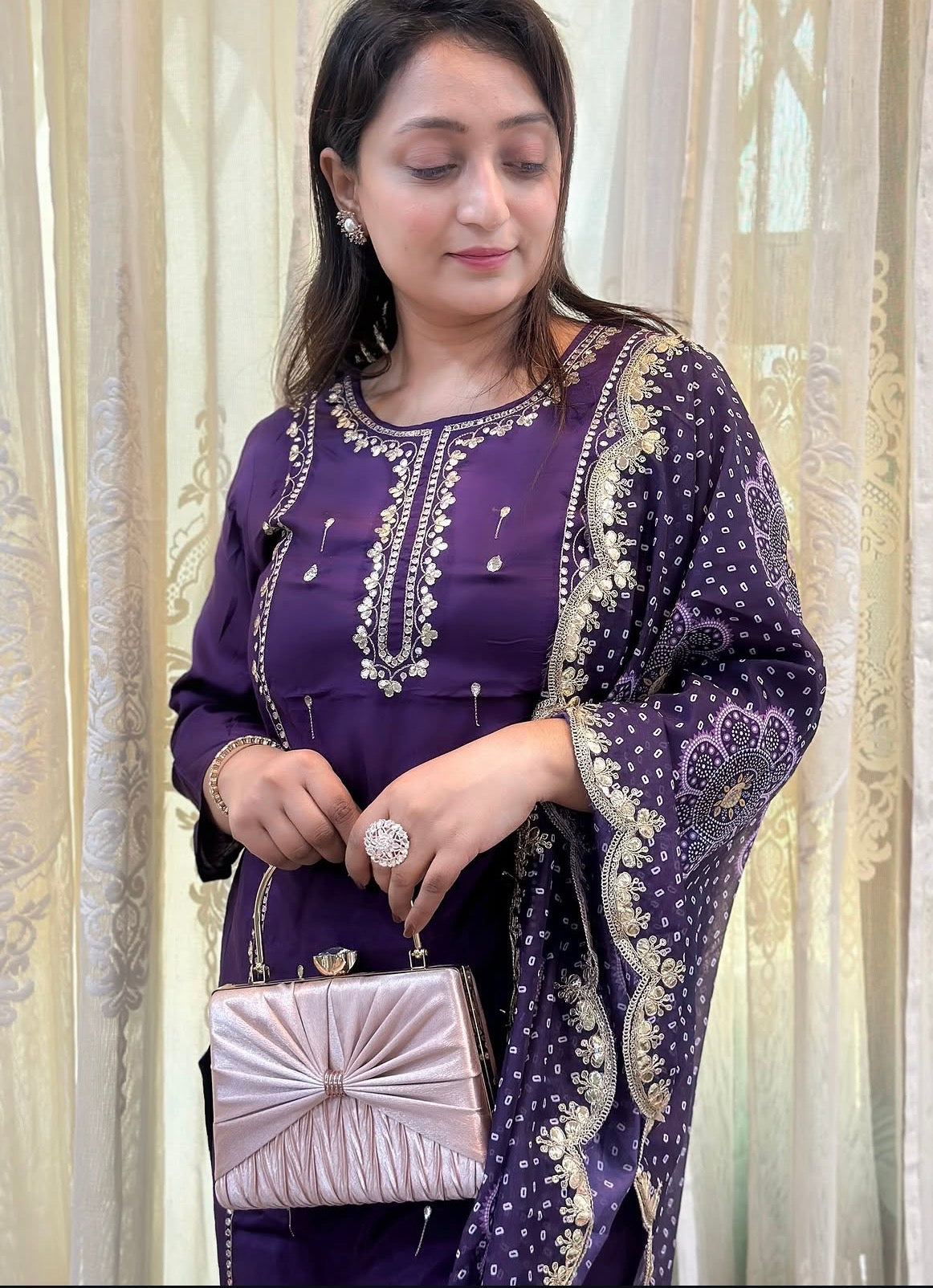 Gota Patti embroidered kurta set in vibrant purple with scalloped Dupatta 