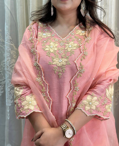 Peachy Pink Beautiful Dola silk kurta, adorned with elegant ribbon embroidery