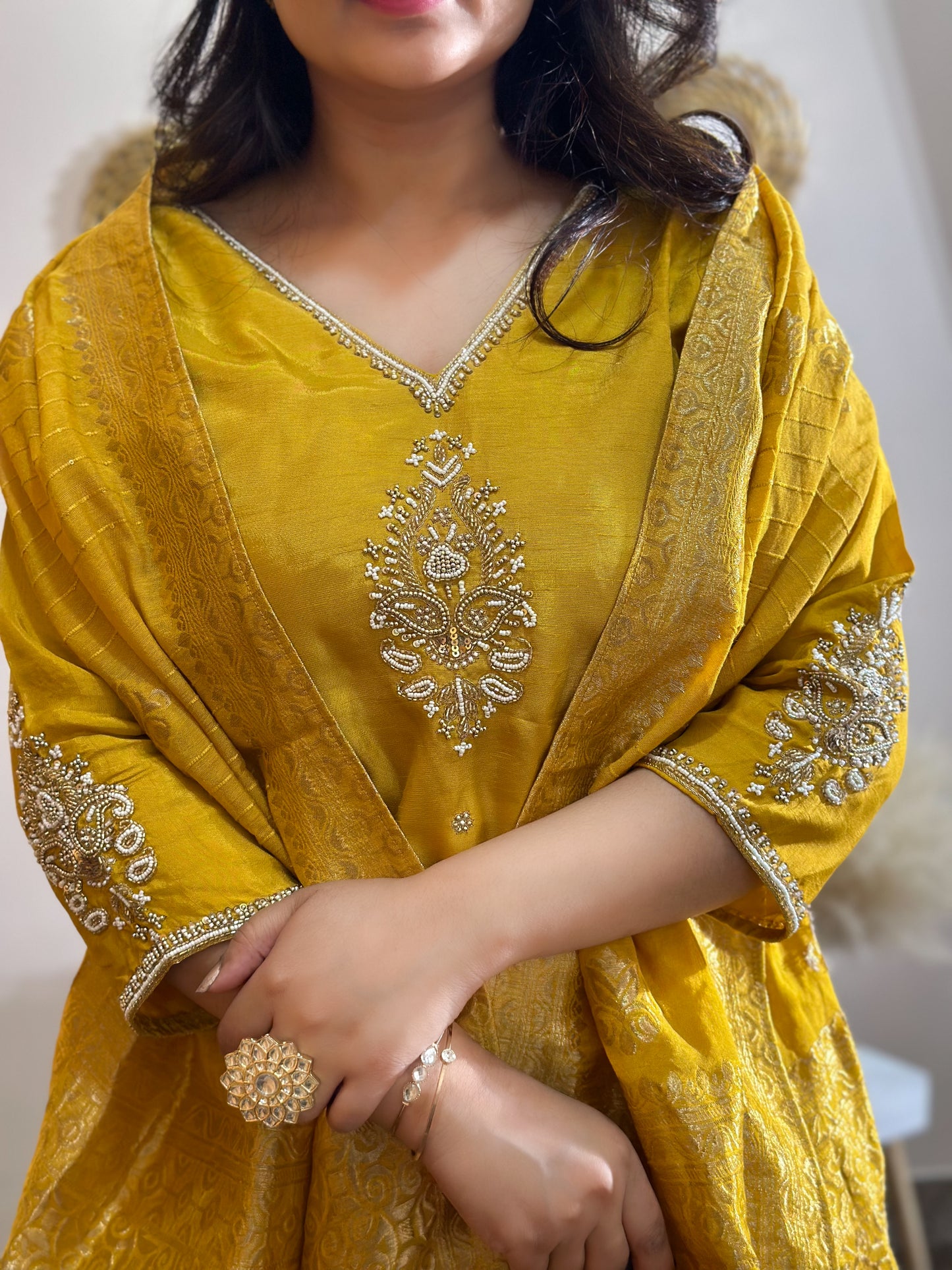 Yellow Heavy Embroidered Yoke & Sleeves Silk Kurta Set