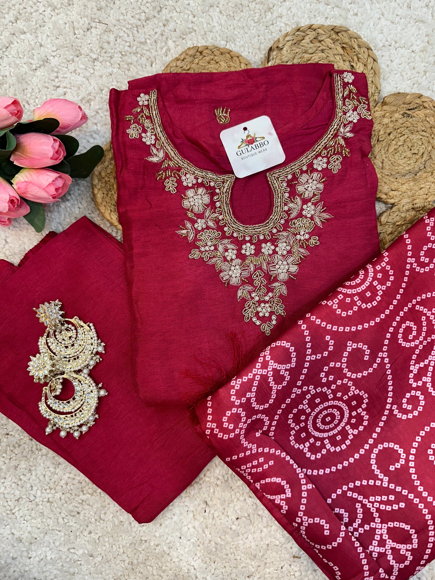 Dola Silk Embroidered Kurta Set with Bandhani Dupatta