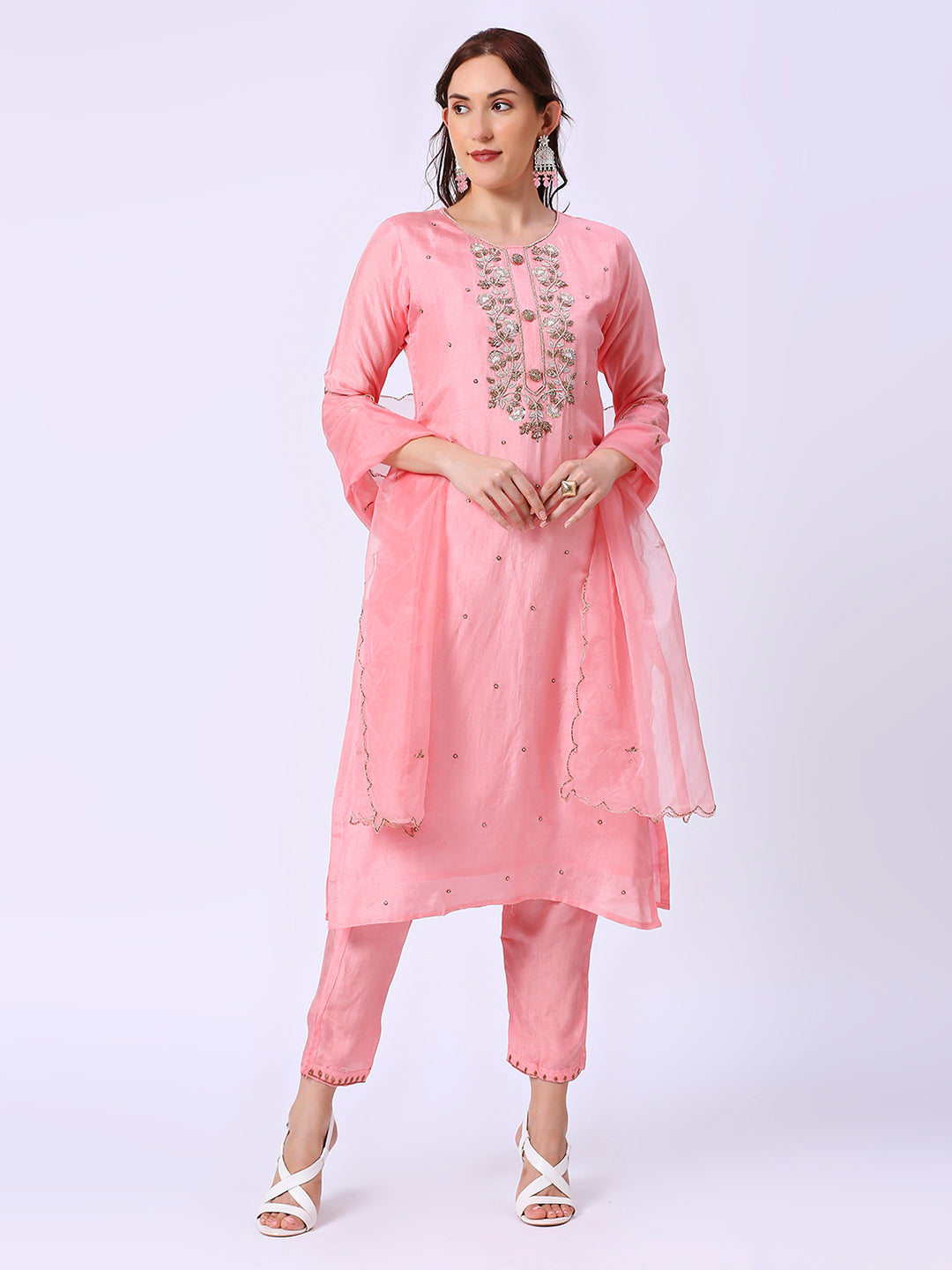 Pink Embroidered Silk Set