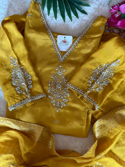 Yellow Heavy Embroidered Yoke & Sleeves Silk Kurta Set