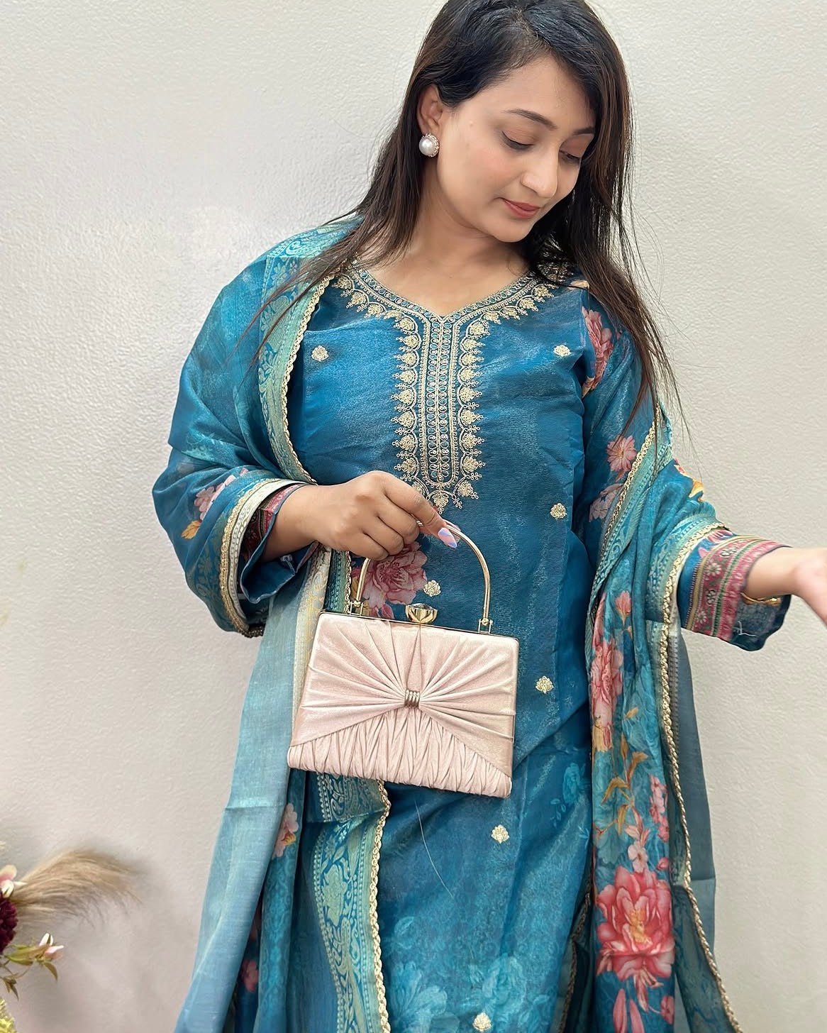 Classy Floral Organza Blue Kurta Set