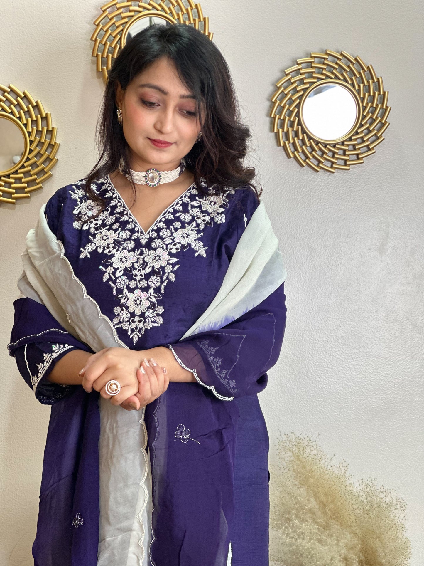 Moti Embroidered Purple Kurta Set