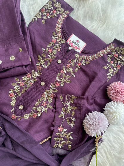 Handwork Purple Embroidered Silk Set