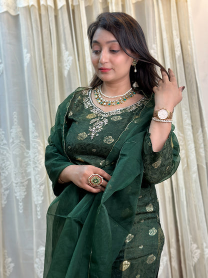 Bottle Green Embroidered Tissue Silk Kurta Set