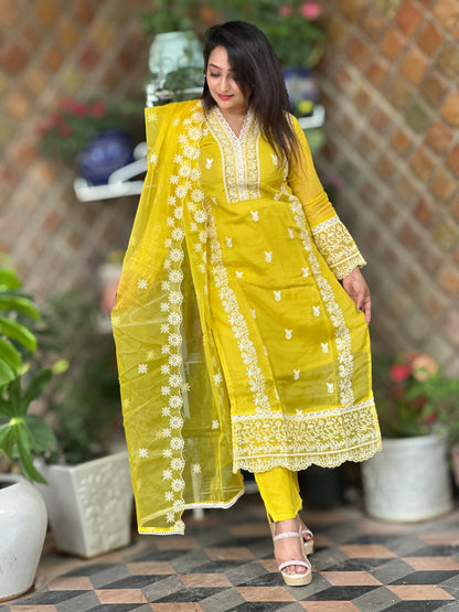 Yellow Organza Embroidered Suit Set