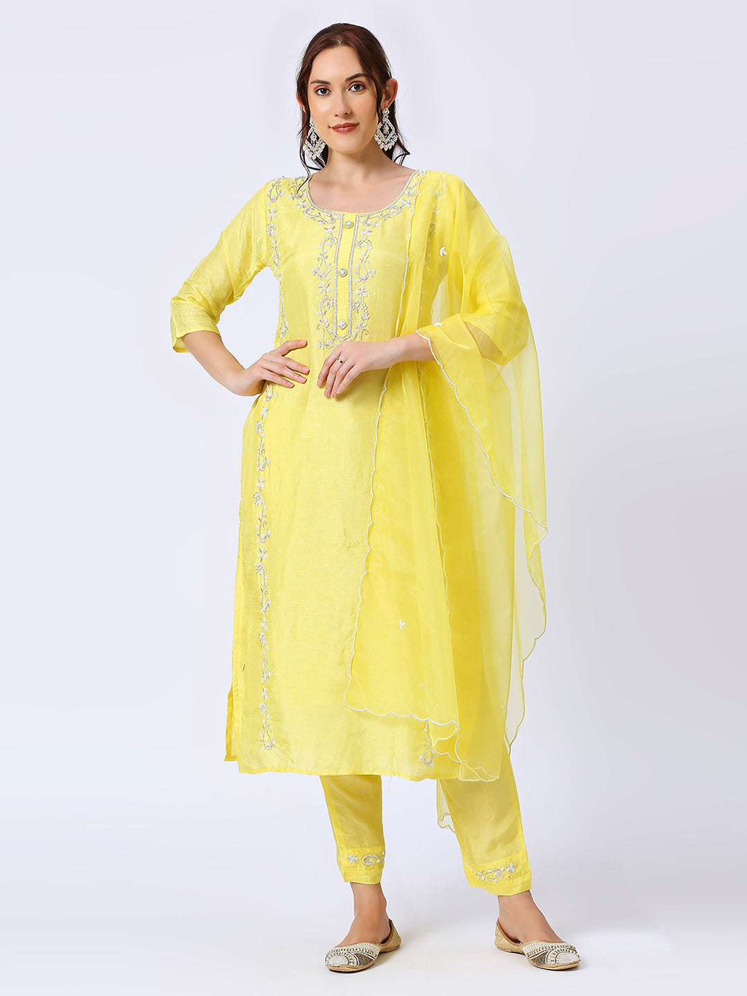 Yellow embroidered silk set