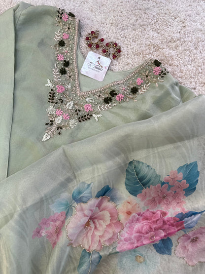 Pure Tissue Silk Embroidered Kurta Set With Floral Embroidered Organza Dupatta