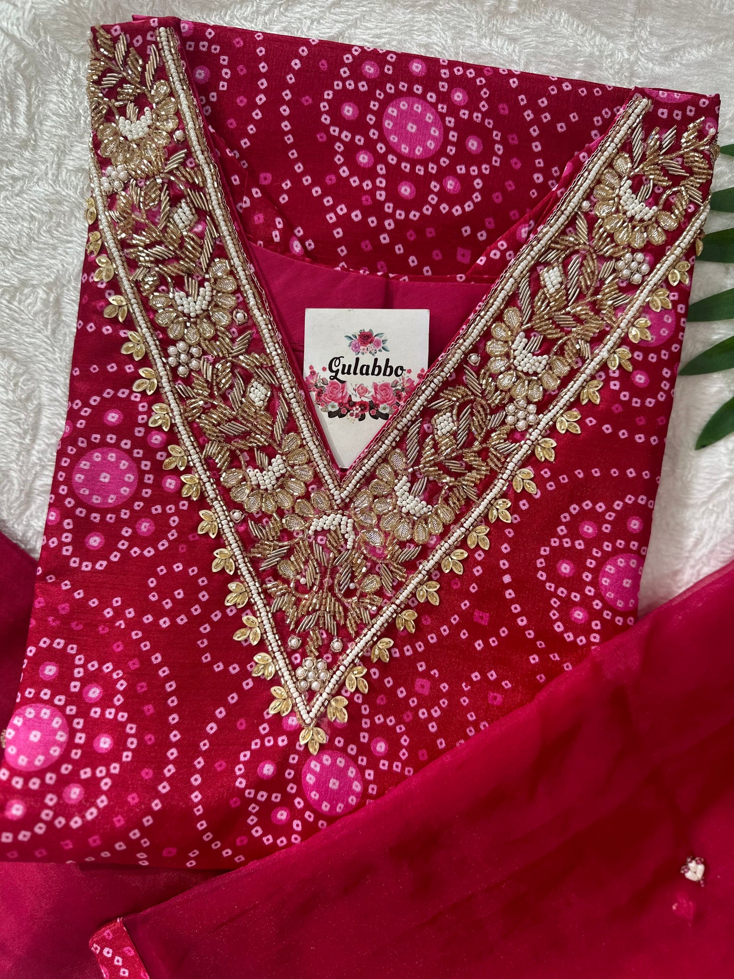 Pink Embroidered Dola Silk Bandhej Kurti